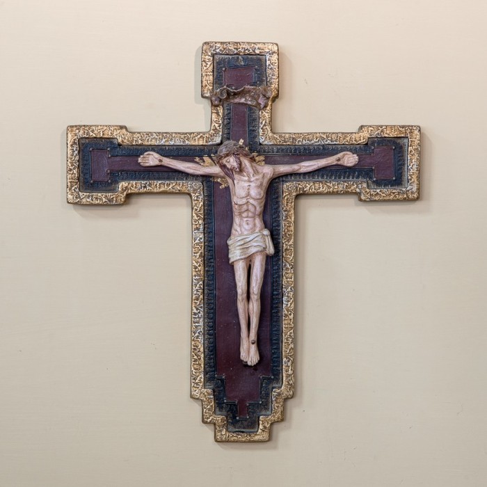 Small Patinated Colored and Gold Byzantine Crucifix in Ceramic